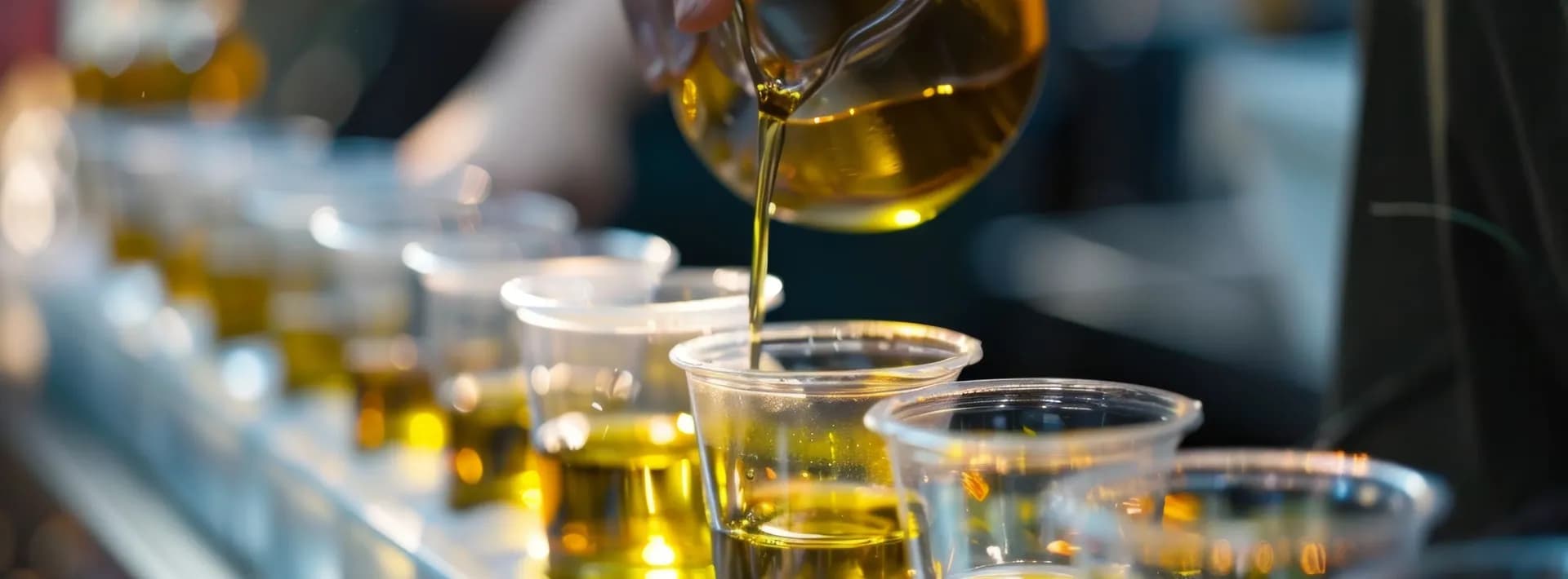 olive oil being poured into small tasting cups