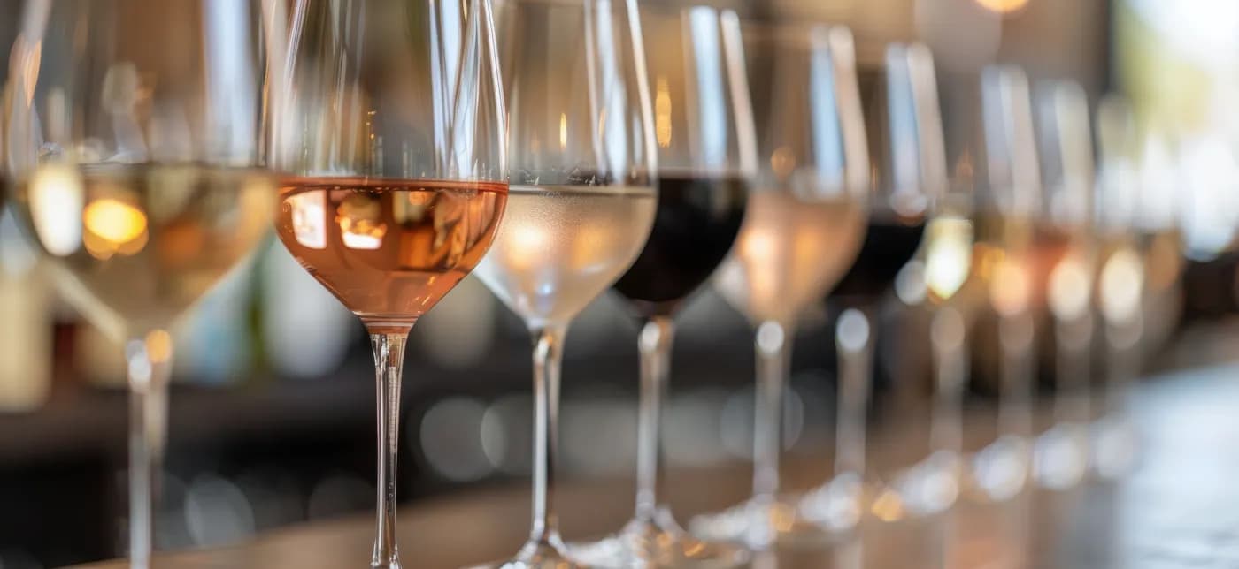 a line of wine glasses partially filled with different varietals for a wine tasting