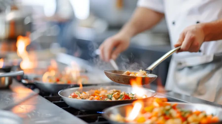 detail of sauté pans in the foreground with the arm of the chef seen working with a pan in the background