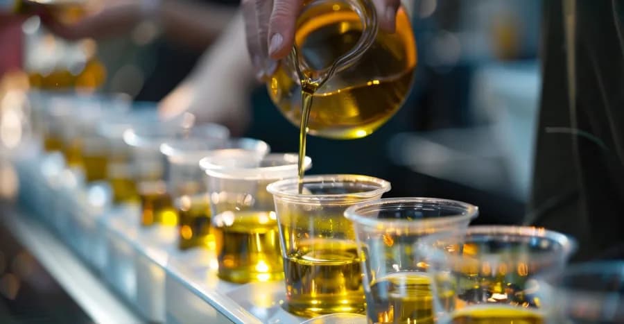 olive oil being poured into small tasting cups