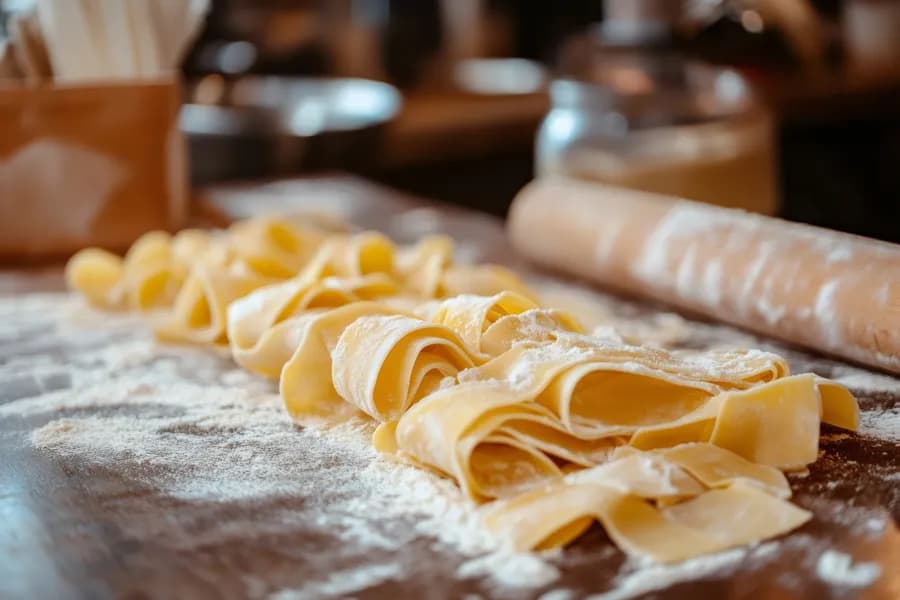 ribbons of uncooked, handmade pappardelle pasta 