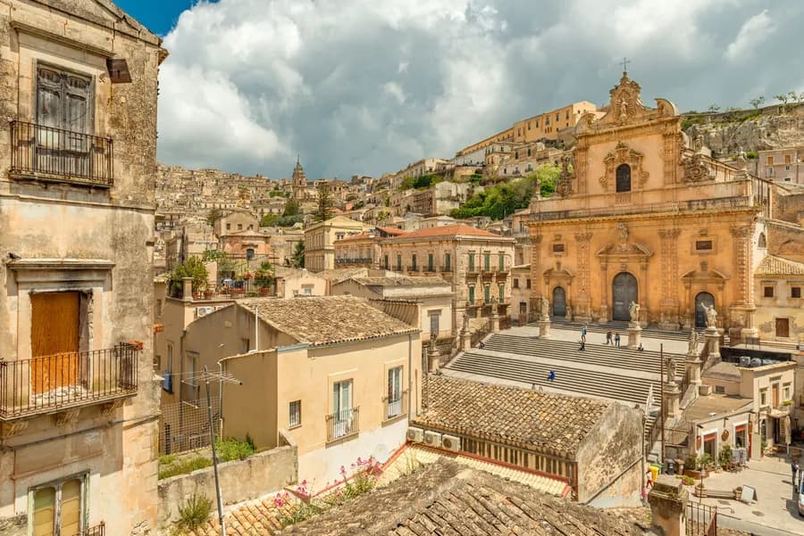 Cityscape of Modica with the Church of St. Peter in Italy