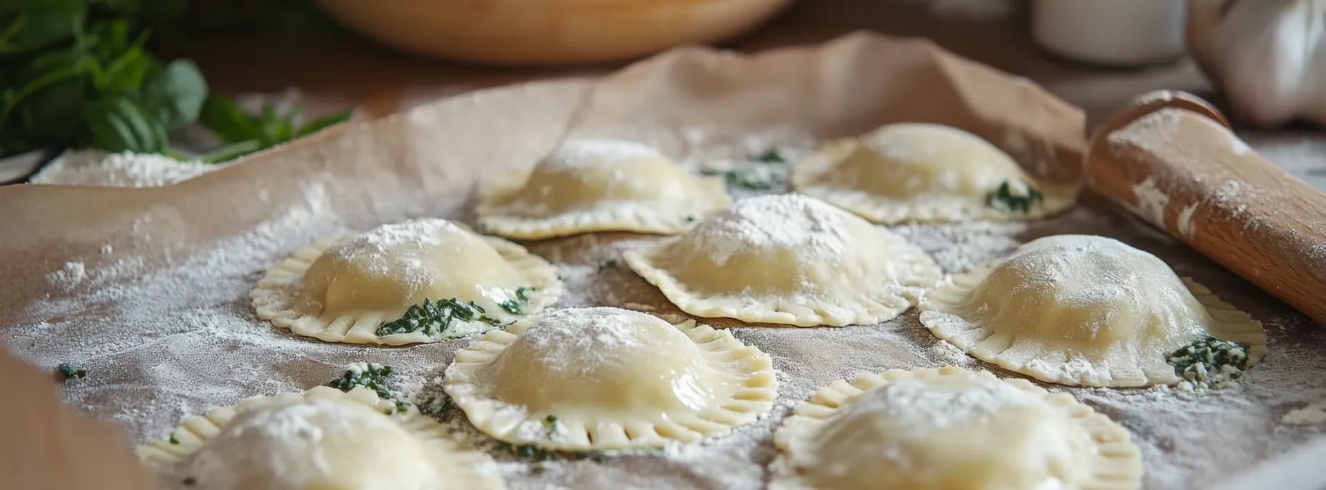 detail of freshly made ravioli dusted with flour before being cooked
