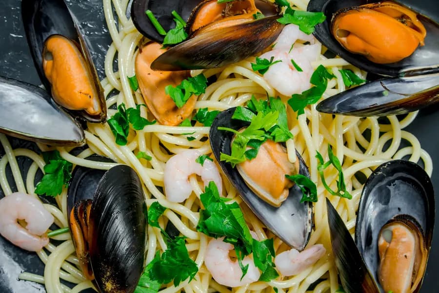 a detail of spaghetti with clams