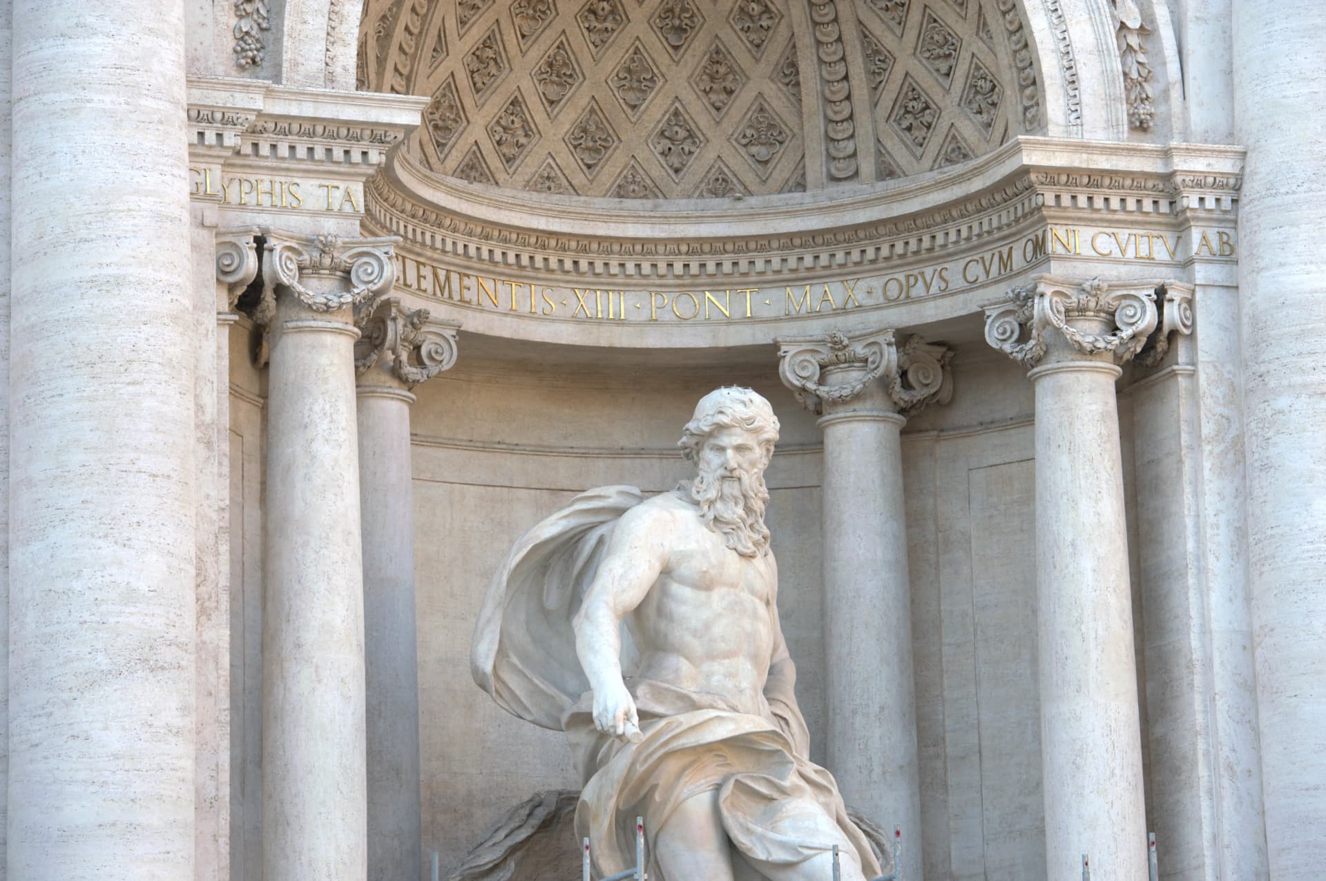 close up of a statue on the Trevi Fountain in Rome
