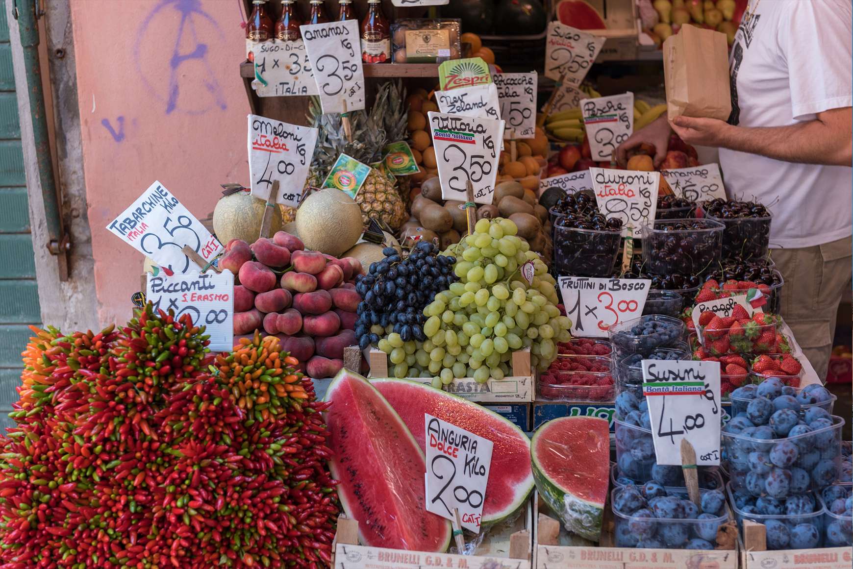 Display of fruits at an open-air market in Rome