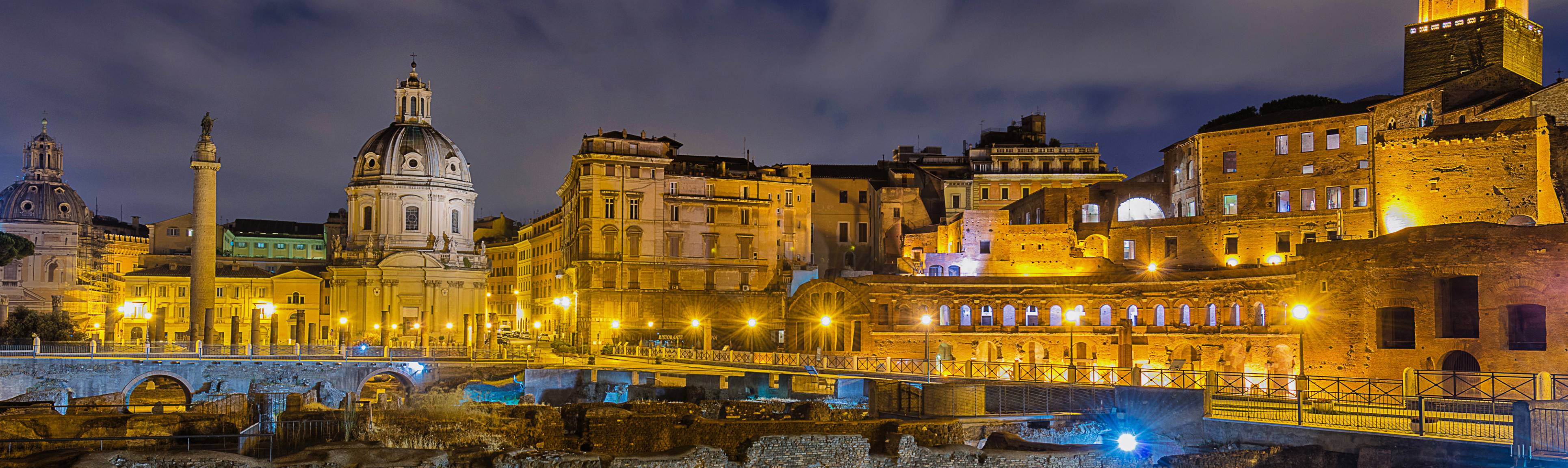 Illuminated view of the ancient Roman Forum