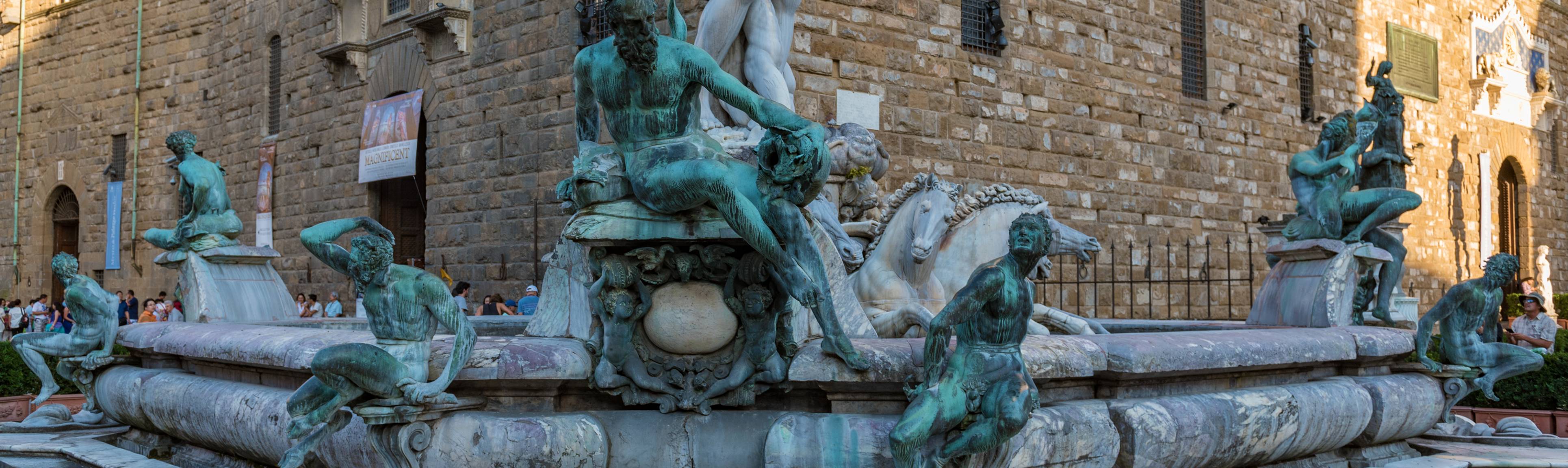 Statues decorating the front of Neptune's Fountain in Florence, Italy