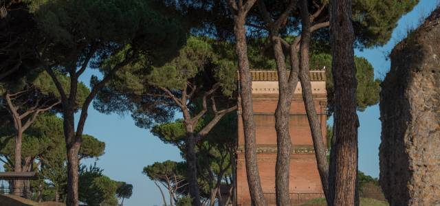 View of trees along the Appian Way in Rome