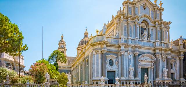 View of the front facade of the Cathedral of Santa Agatha in Catania, Italy