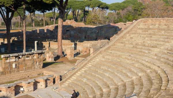 Rows of amphitheater seats at Agrippa's Theatre, Ostia near Rome