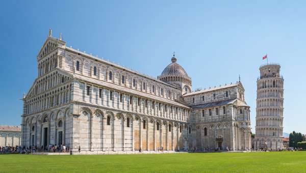 Exterior view of the Pisa Cathedral with the Leaning Tower to its right