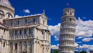 View of leaning tower and Cathedral of Pisa in Pisa, Italy