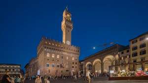 Evening view of Piazza della Signoria and Palazzo Vecchio Tower in Florence